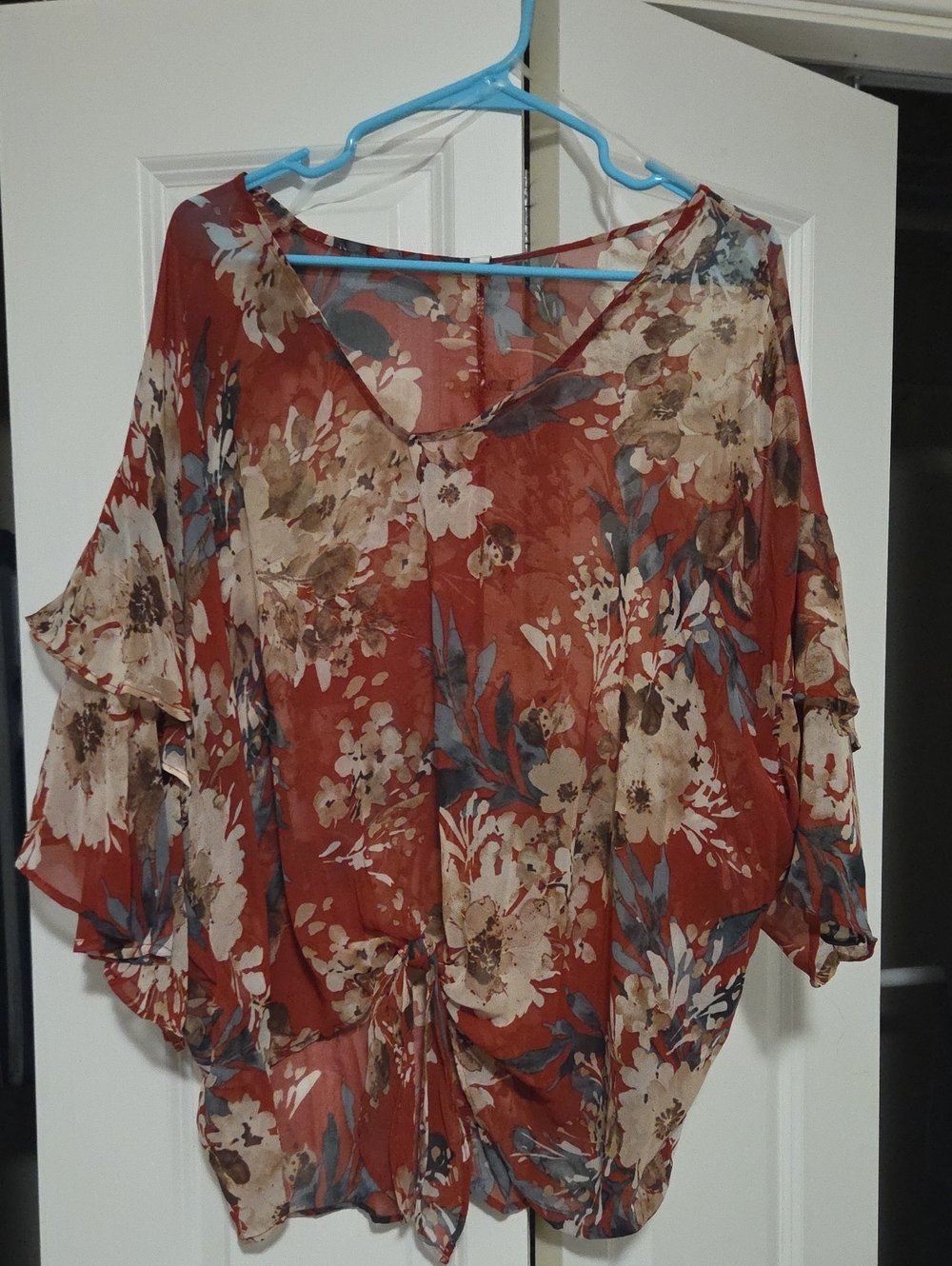 Rust Floral V-Neck Women's Blouse with Tie Front